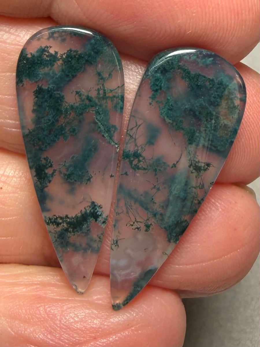 Teardrop 30x12mm Green Moss Agate Cabochon Pair 14
