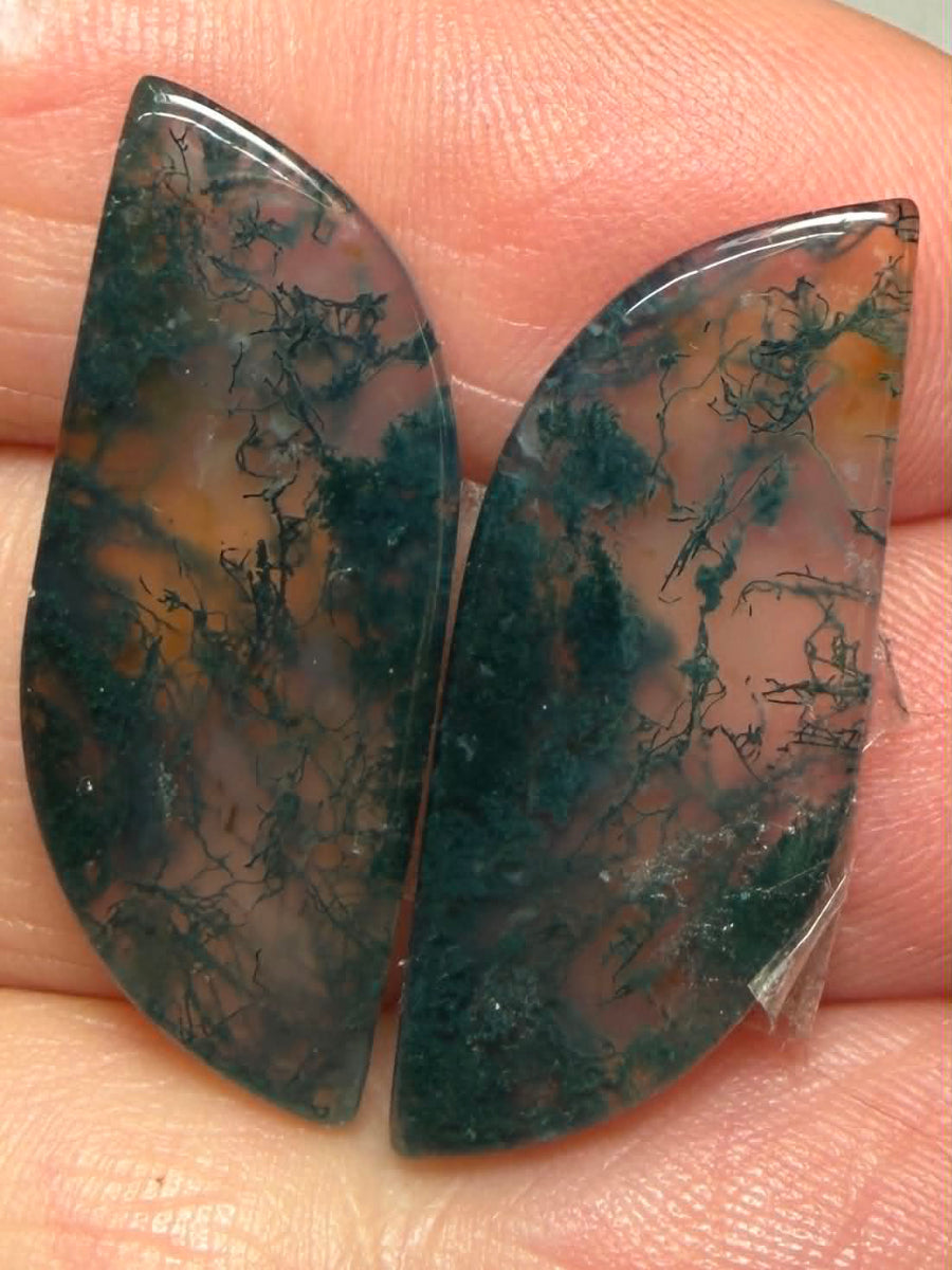 Freeform 30x12mm Green Moss Agate Cabochon Pair 22