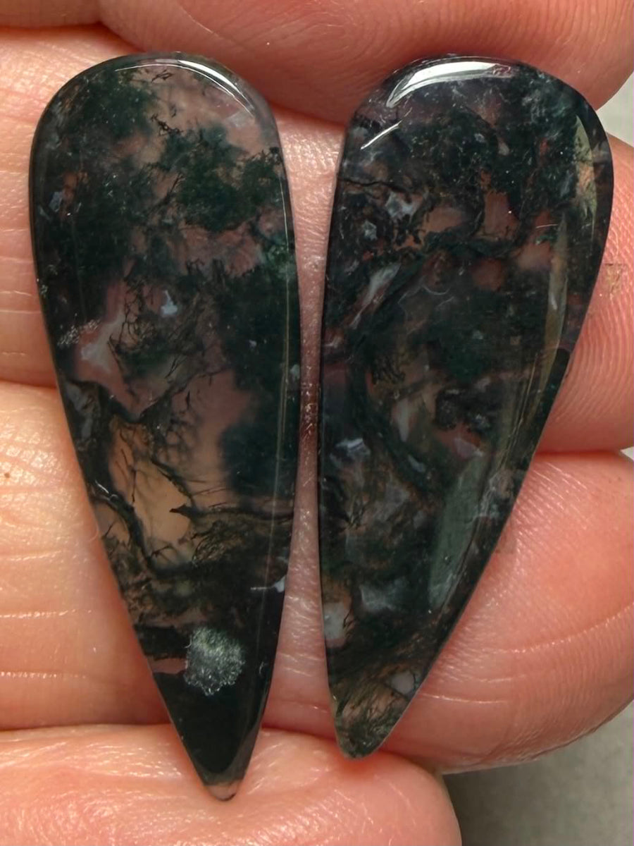 Teardrop 30x11mm Green Moss Agate Cabochon Pair 24