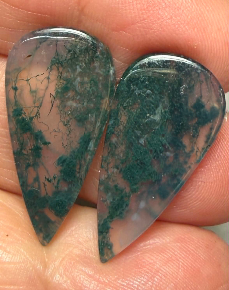 Teardrop 27x13mm Green Moss Agate Cabochon Pair 26