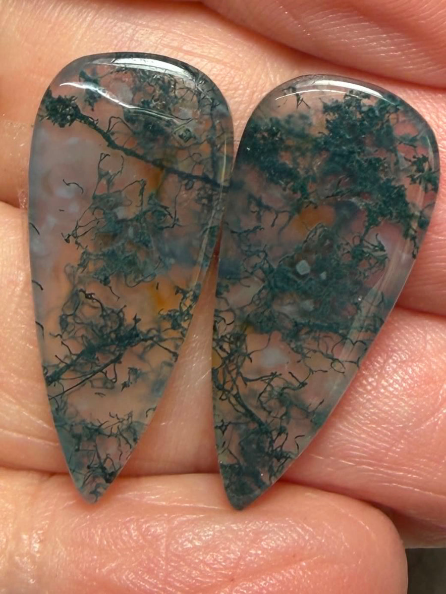 Teardrop 26x12mm Green Moss Agate Cabochon Pair 28