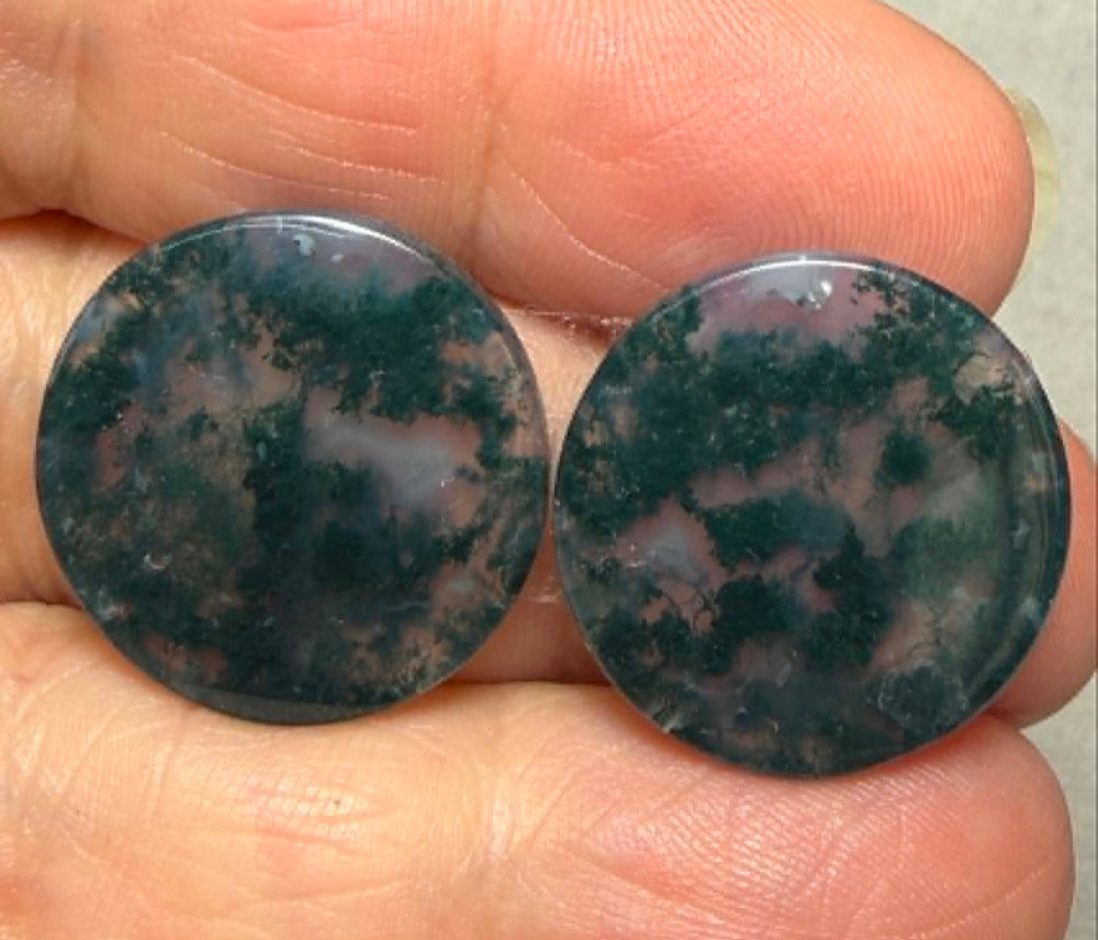Round 20x20mm Green Moss Agate Cabochon Pair 30