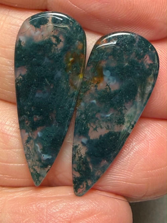 Teardrop 28x12mm Green Moss Agate Cabochon Pair 31