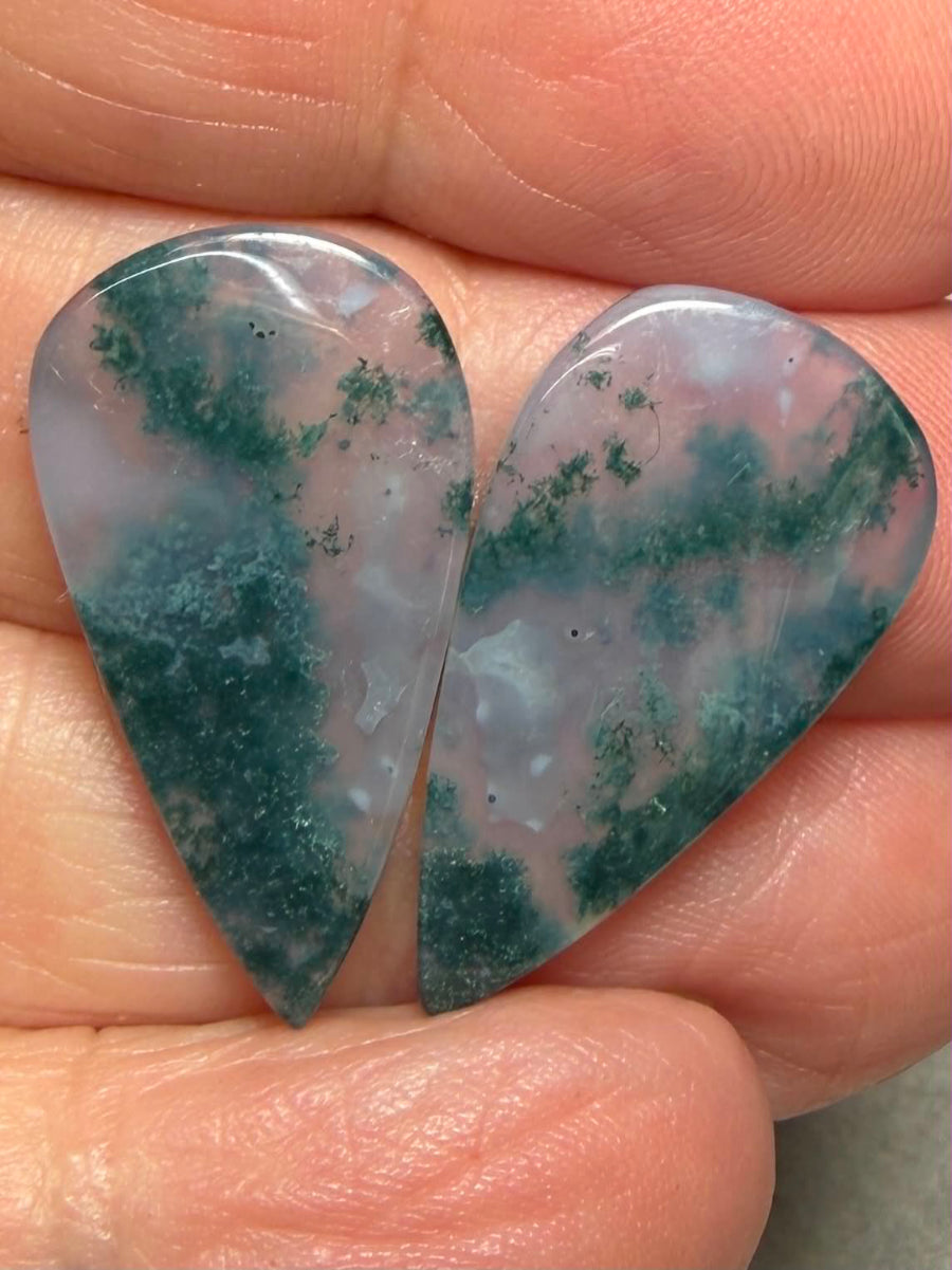 Teardrop 26x14mm Green Moss Agate Cabochon Pair 34