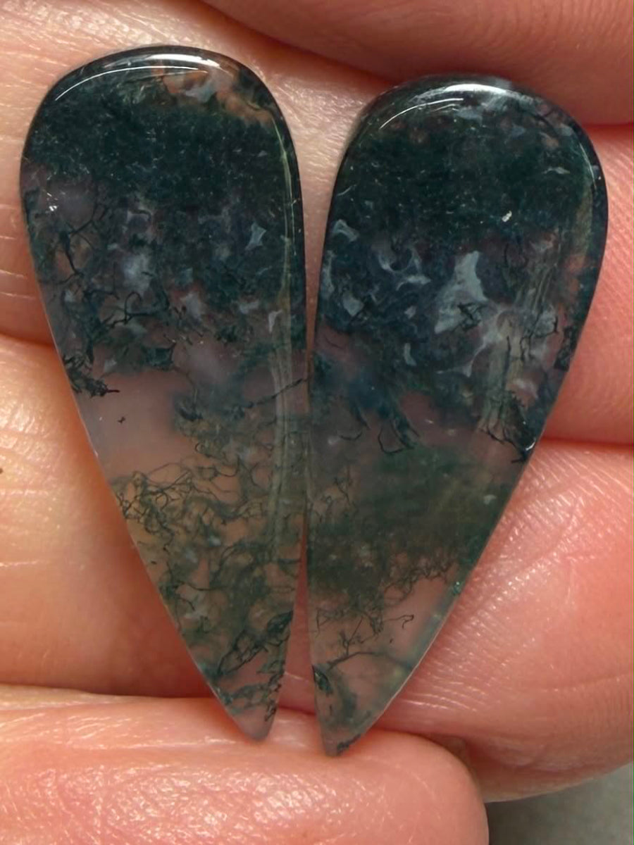 Teardrop 26x10mm Green Moss Agate Cabochon Pair 35