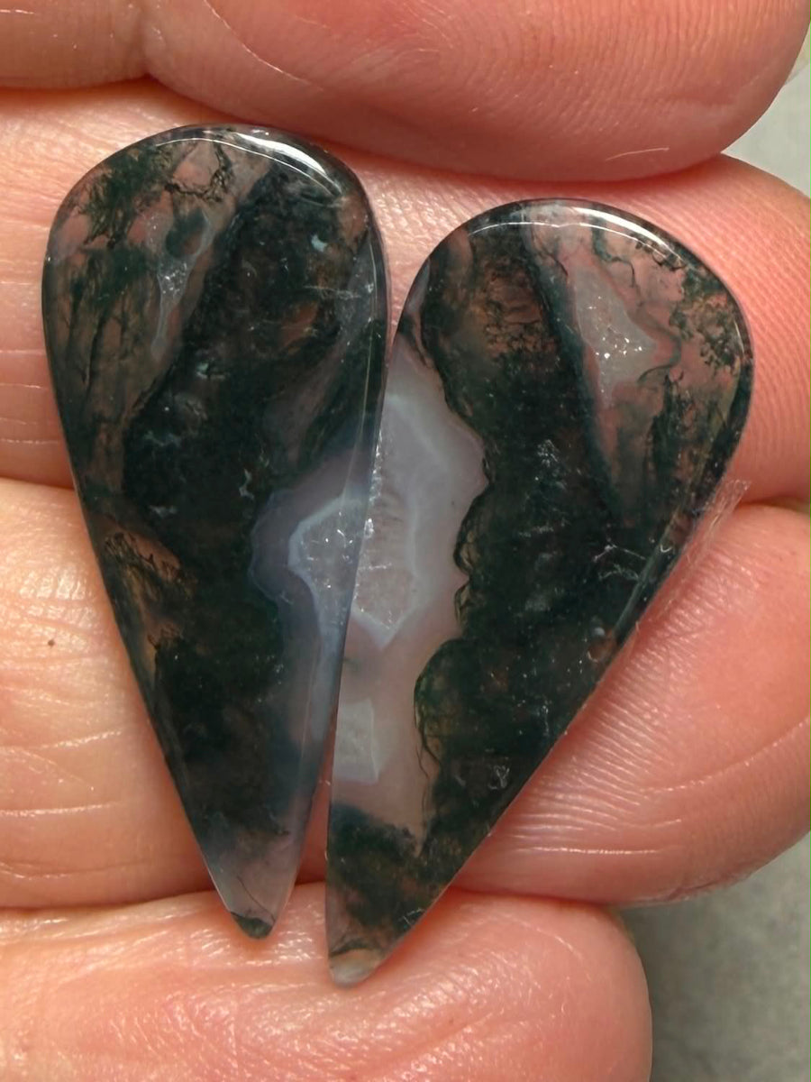Teardrop 28x12mm Green Moss Agate Cabochon Pair 36