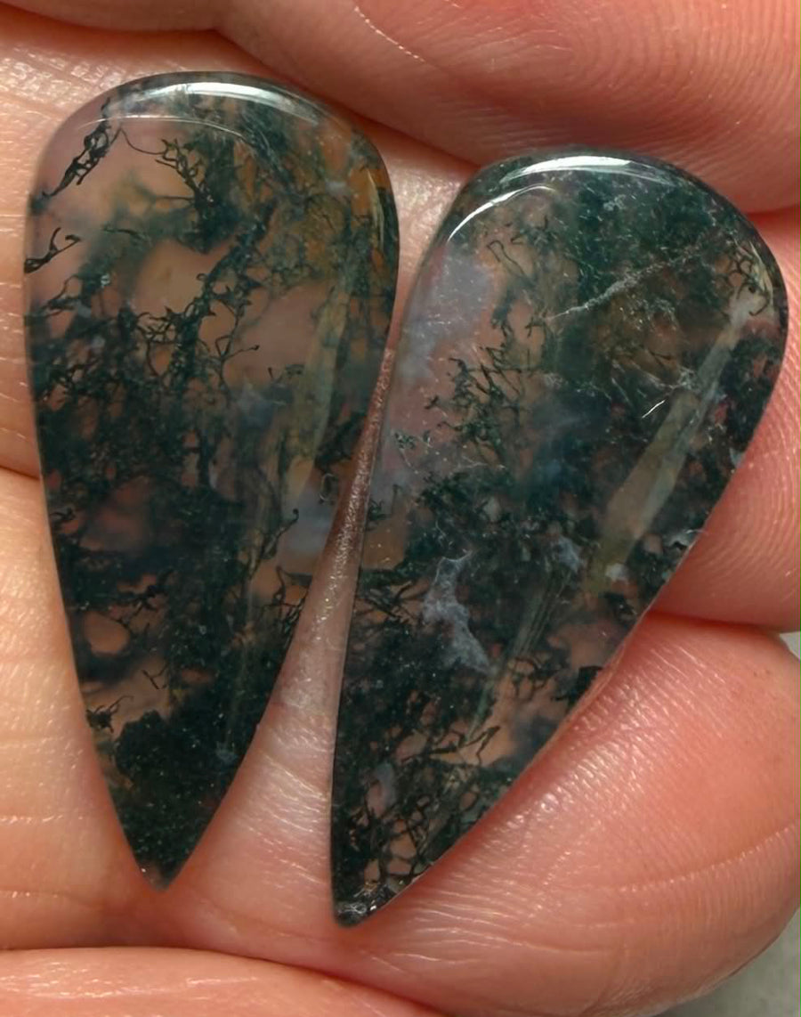 Teardrop 26x12mm Green Moss Agate Cabochon Pair 37
