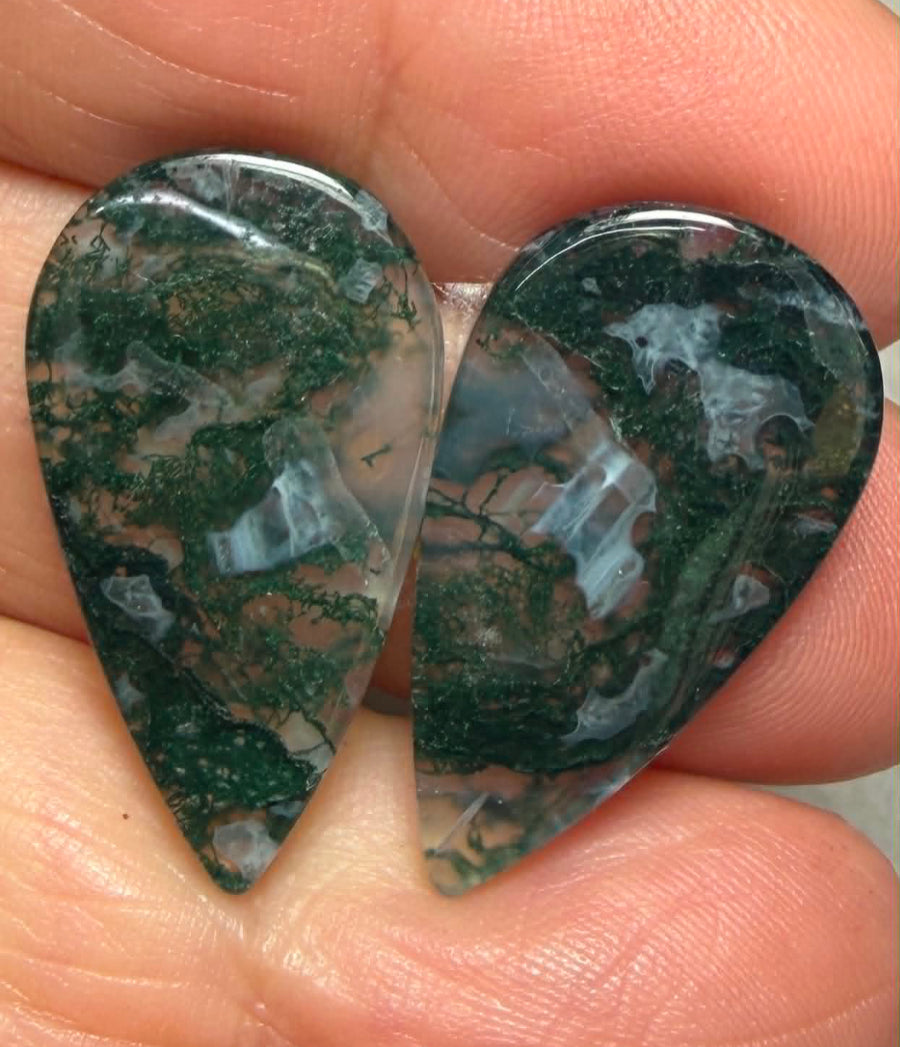 Teardrop 26x15mm Green Moss Agate Cabochon Pair 38