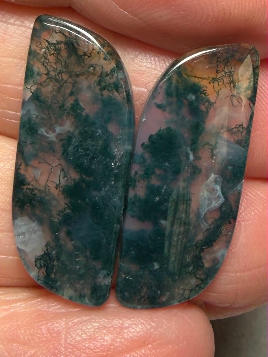 Freeform 28x10mm Green Moss Agate Cabochon Pair 39