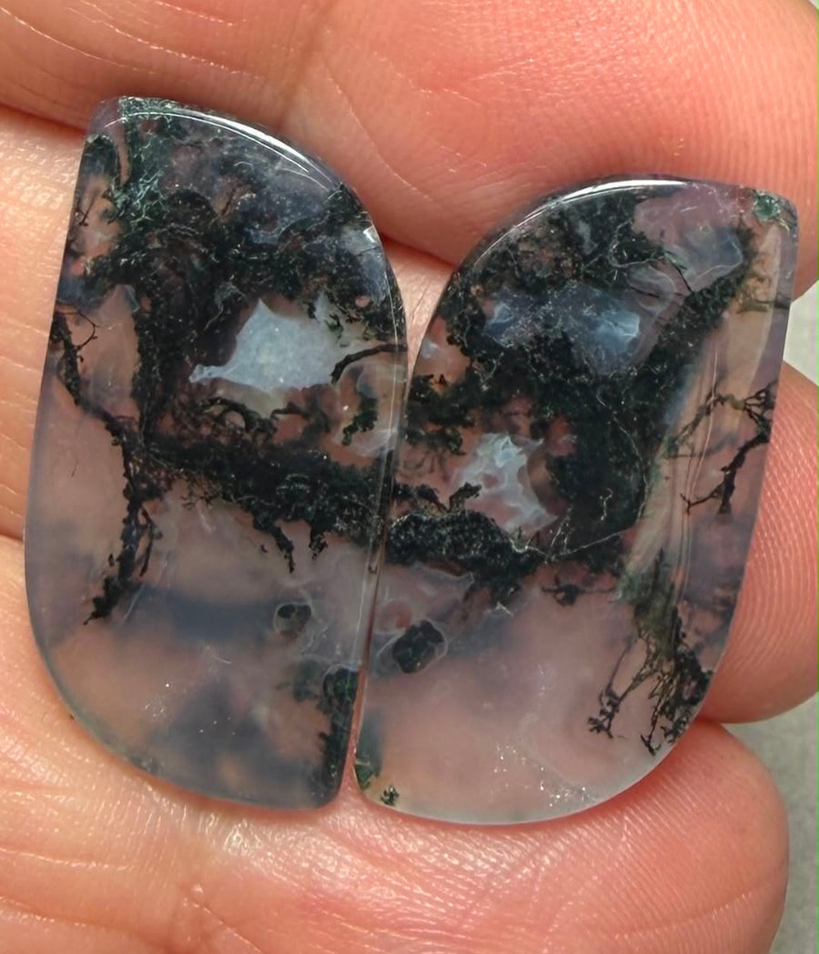 Freeform 28x14mm Green Moss Agate Cabochon Pair 41