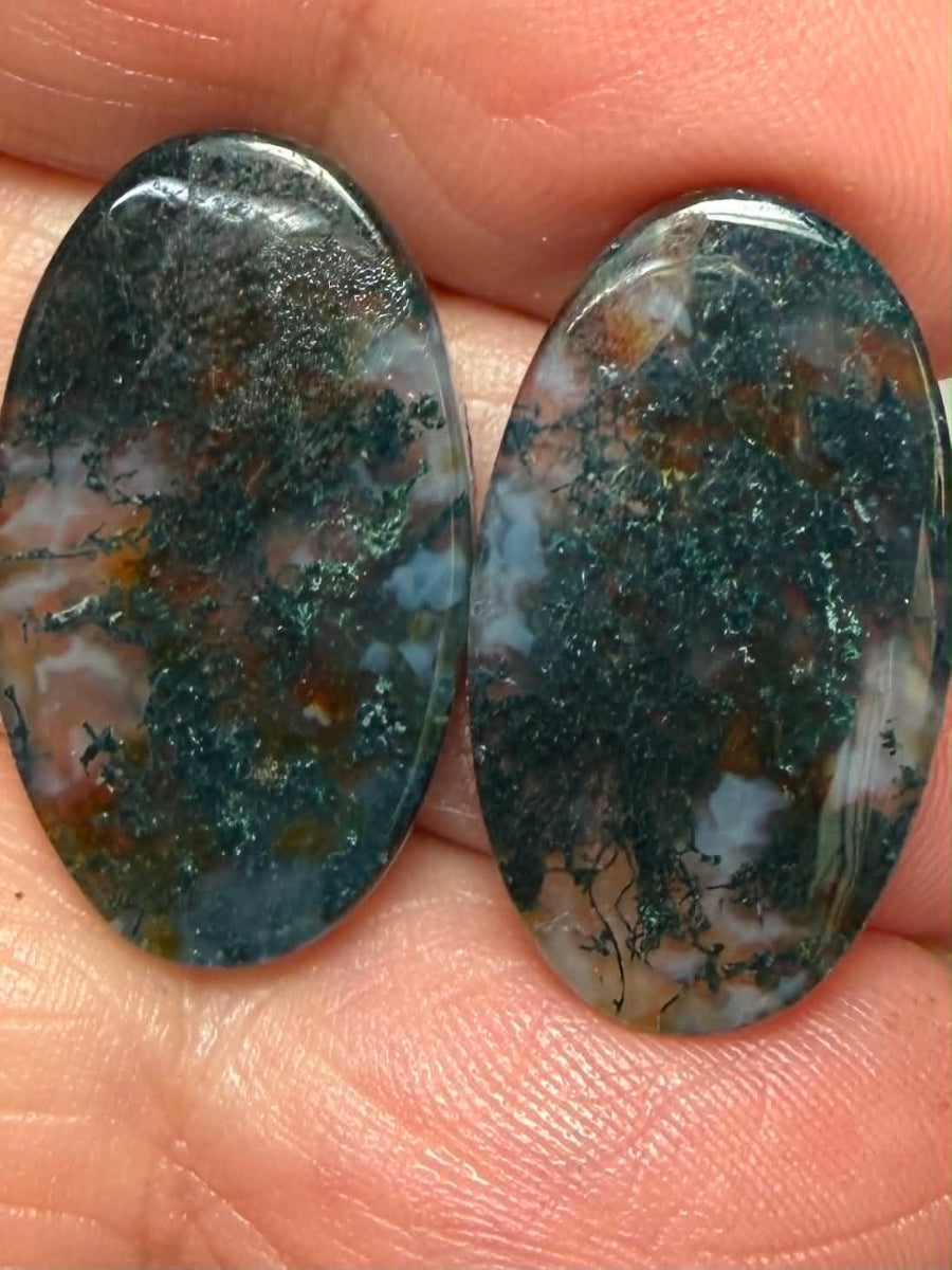 Oval 23x13mm Green Moss Agate Cabochon Pair 43
