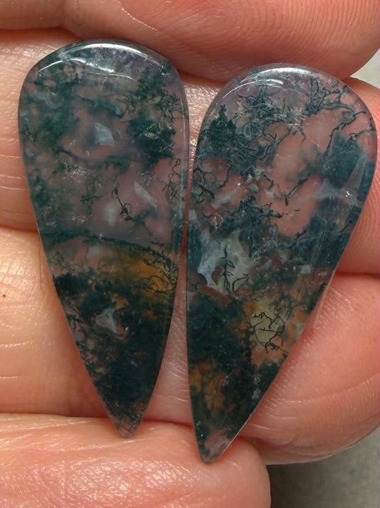 Teardrop 28x12mm Green Moss Agate Cabochon Pair 46