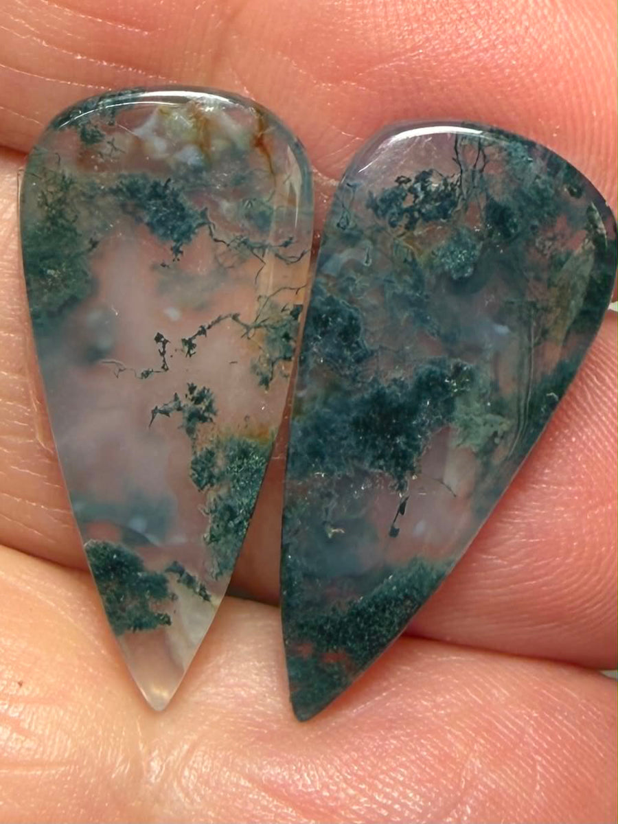 Teardrop 26x12mm Green Moss Agate Cabochon Pair 47
