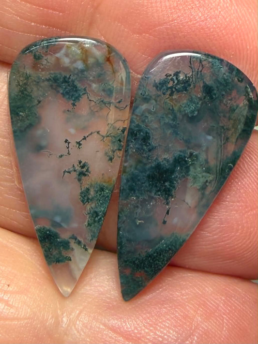 Teardrop 26x12mm Green Moss Agate Cabochon Pair 47