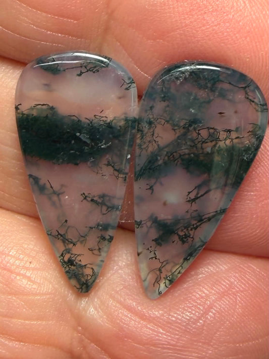 Teardrop 25x12mm Green Moss Agate Cabochon Pair 48