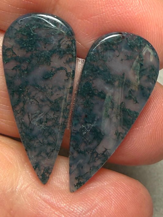 Teardrop 28x12mm Green Moss Agate Cabochon Pair 49