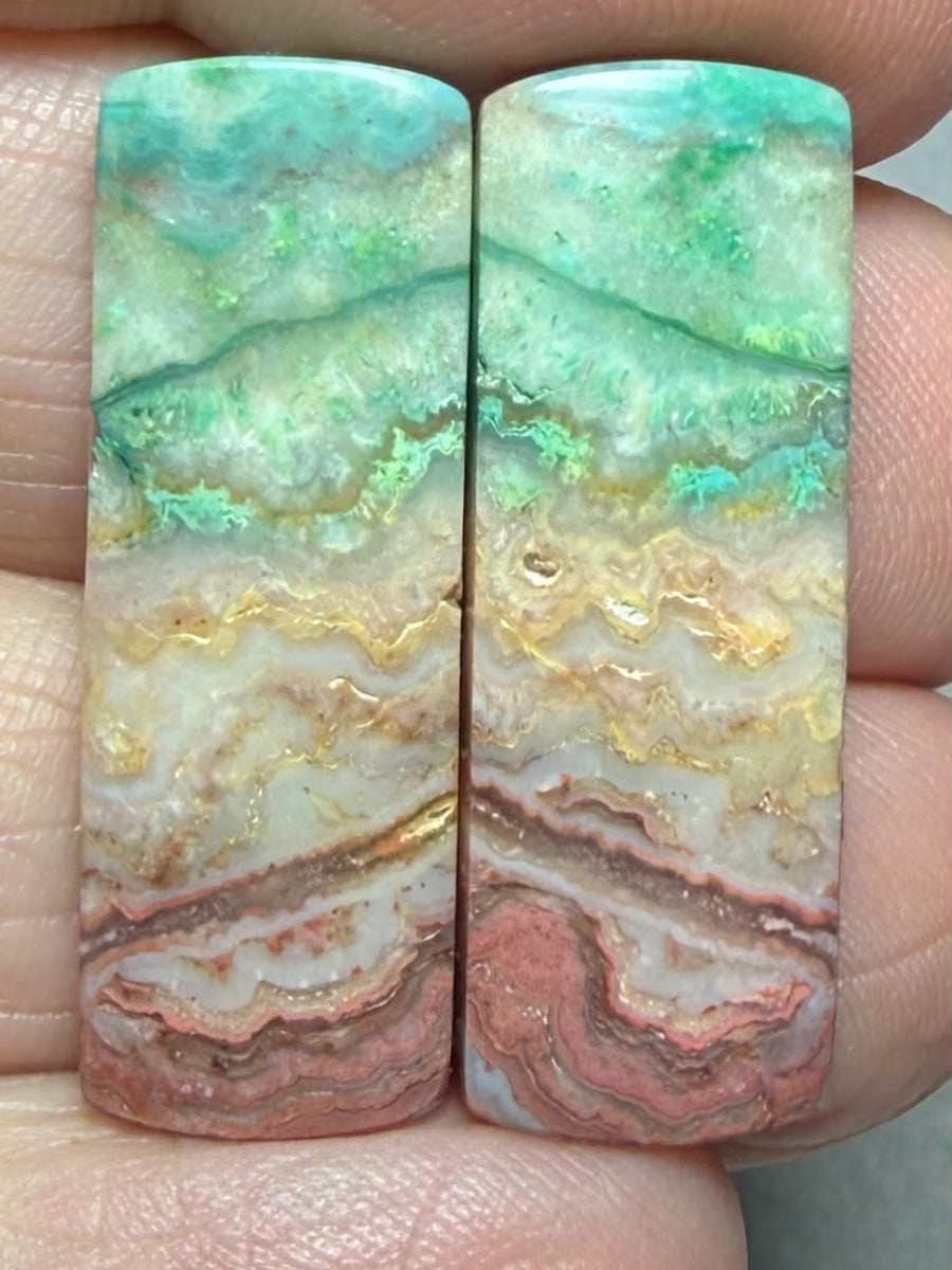 Rectangle 29x10mm Colour Enhanced Agate Cabochon Pair 07